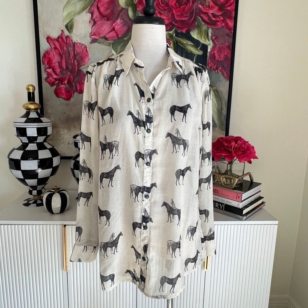 Tasha Polizzi Collection Horse Print Button Front Blouse Large Equestrian Wester